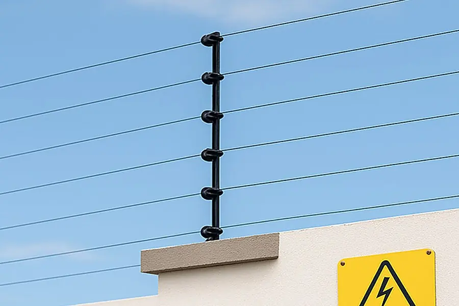 Cerco eléctrico instalado sobre una pared con cartel de advertencia